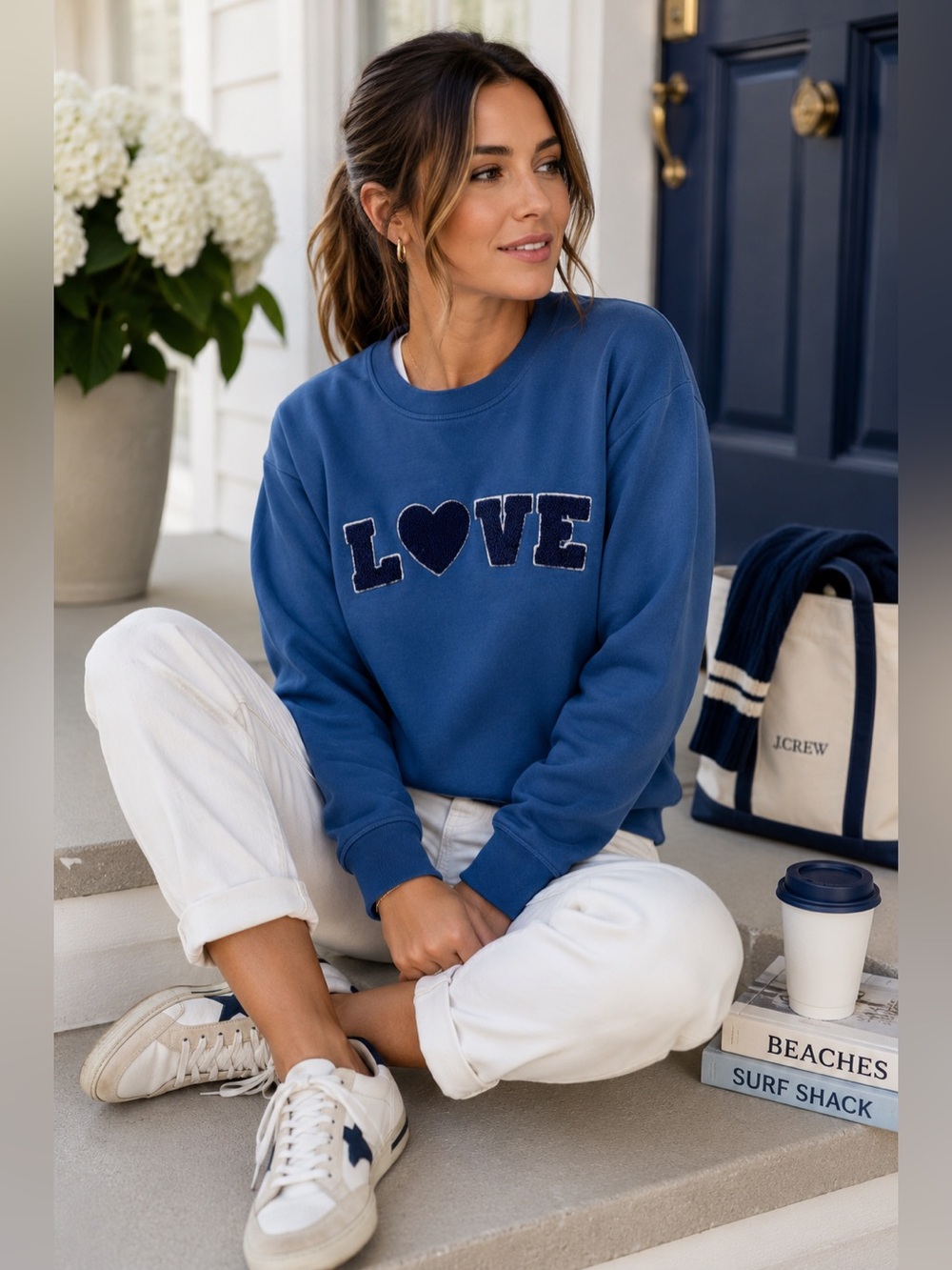 J.Crew Blue LOVE Heart Chenille Graphic Sweatshirt XS Crewneck